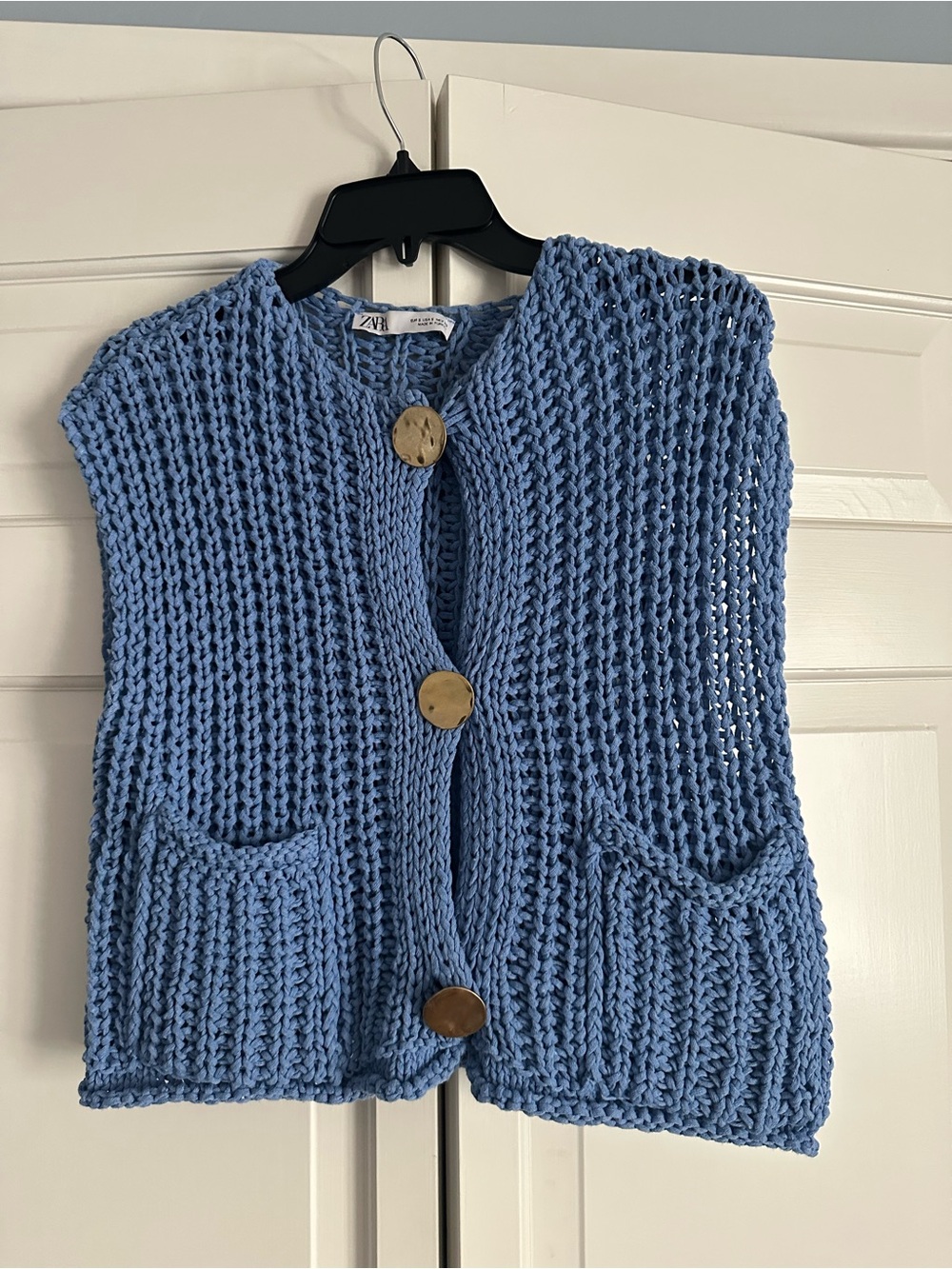 Zara Light Blue Chunky Knit Button Vest with Pockets